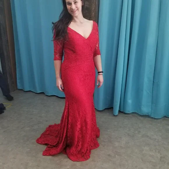 NEW Red Long Lace Dress, 3/4 Sleeve Holiday Formal Sexy, Cruise Prom Mother's - Picture 5 of 10
